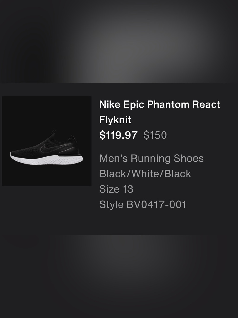 Nike Epic Phantom React Flyknit Black/White Men's Running Shoes